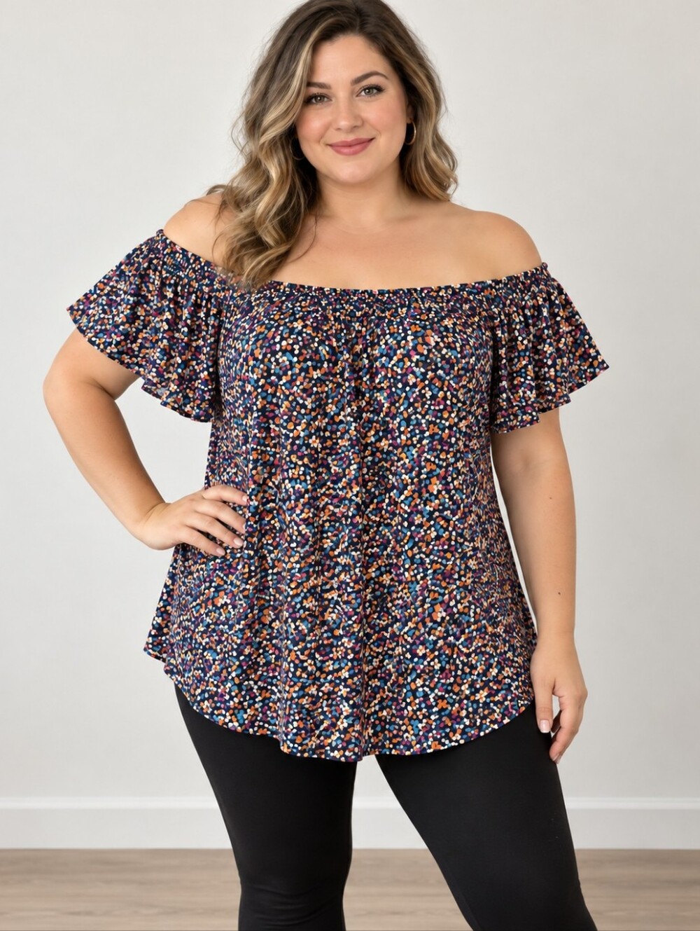 Women’s Navy Floral Scoop-Neck Flutter Sleeve Top Off Shoulder Plus Size